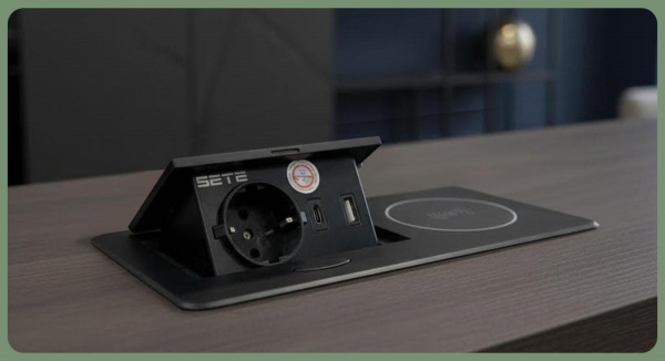 Встраиваемый удлинитель, 1 гнездо, 1USB, 1 type C, беспров. зарядка, серый SBT-1UCWT-80